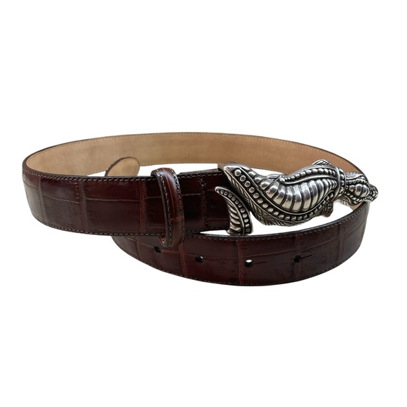 Brighton Belt Embossed Alligator Buckle Croc Leather Vintage Brown Silver Size M - Picture 1 of 12